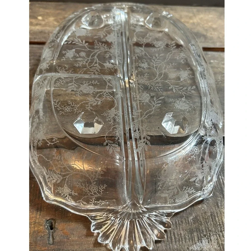 Fostoria Chintz Baroque Etched Floral Clear Glass Dish 3 Section Divided Tray